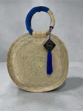 Handwoven Straw Tote with Royal Blue Wrapped Handle and Tassel